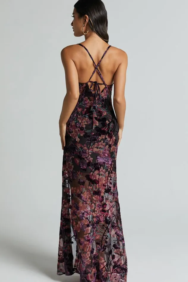 Aletta Maxi Dress 8211 Cowl Cross Back Dress In Aletta Burn Out Floral Women Showpo Curve Clothes