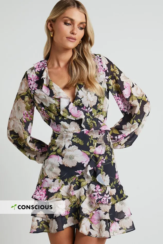 Alex Mini Dress 8211 Long Sleeve Frill Detail Wrap Dress In Midnight Floral Women Showpo Dresses Alex Mini Dress 8211 Long Sleeve Frill Detail Wrap Dress In Midnight Floral Women Showpo Dresses