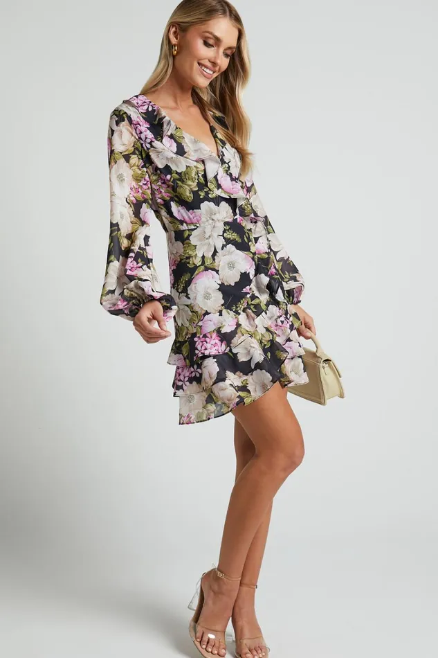 Alex Mini Dress 8211 Long Sleeve Frill Detail Wrap Dress In Midnight Floral Women Showpo Dresses