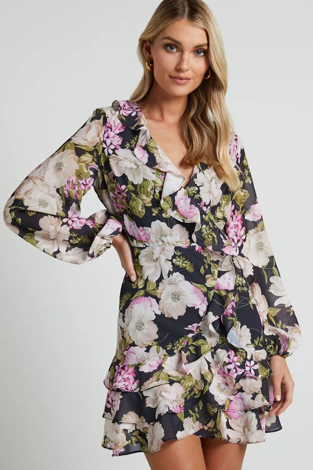 Alex Mini Dress 8211 Long Sleeve Frill Detail Wrap Dress In Midnight Floral Women Showpo Dresses