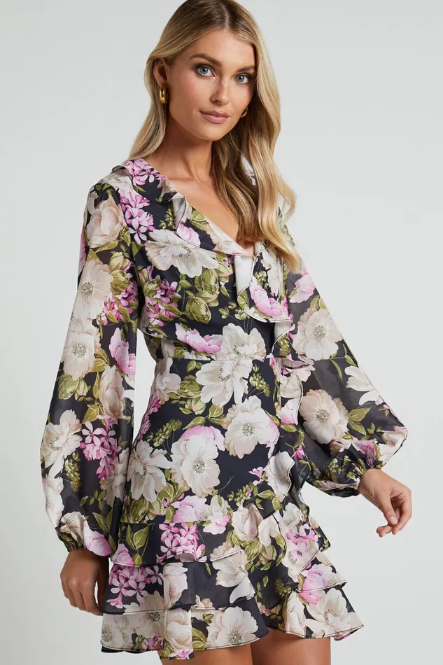 Alex Mini Dress 8211 Long Sleeve Frill Detail Wrap Dress In Midnight Floral Women Showpo Dresses