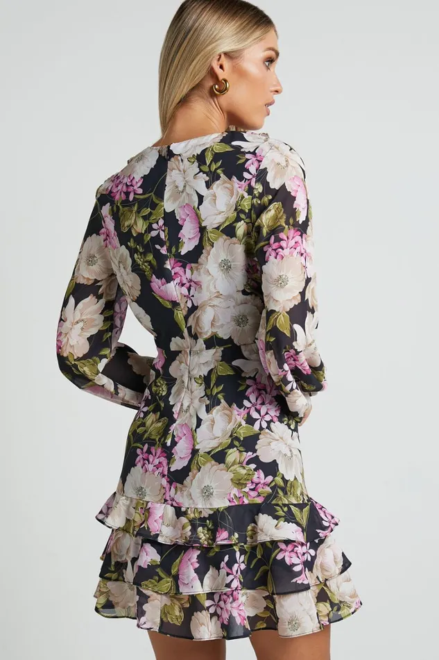 Alex Mini Dress 8211 Long Sleeve Frill Detail Wrap Dress In Midnight Floral Women Showpo Dresses
