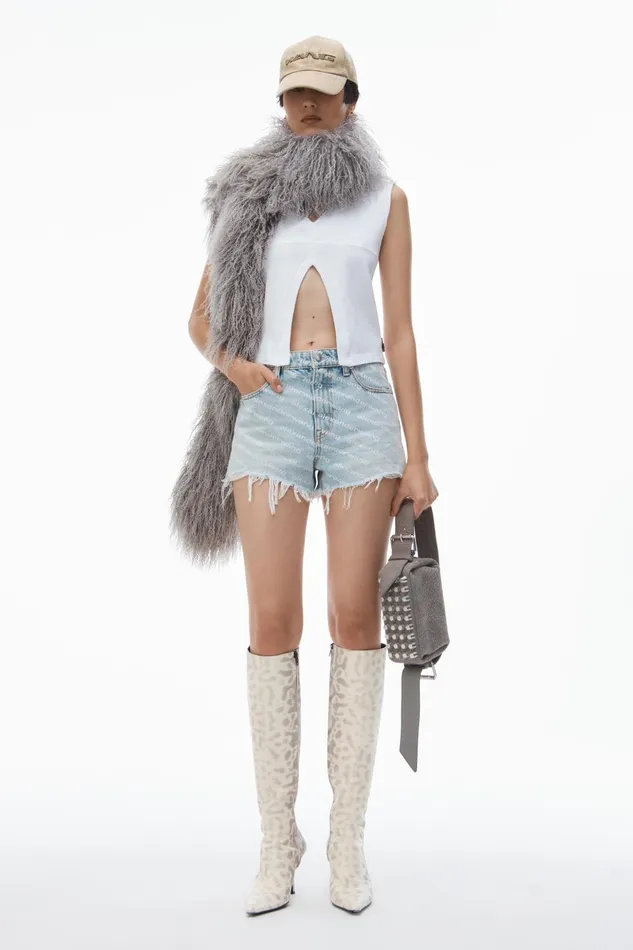 Alexander Wang Denim Bite Logo Short In Pebble Bleach Denim 8211 Women
