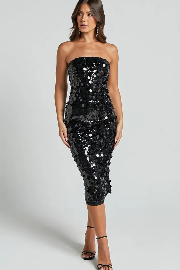 Aliona Midi Dress 8211 Strapless Bodycon Sequin Dress In Black Women Showpo Dresses