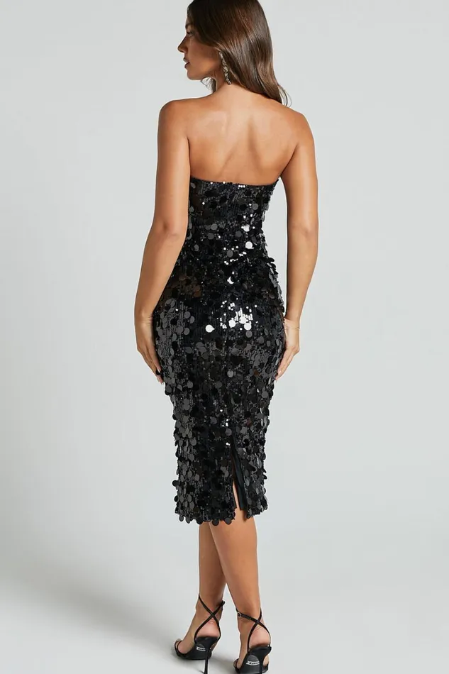 Aliona Midi Dress 8211 Strapless Bodycon Sequin Dress In Black Women Showpo Dresses
