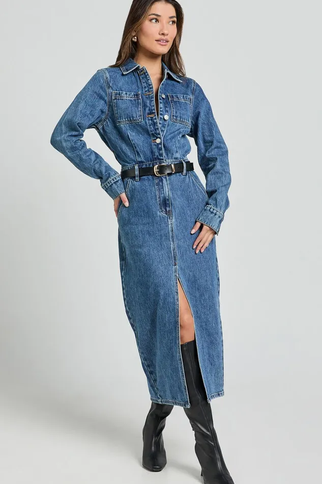 Alison Midi Dress 8211 Long Sleeve Front Split Denim Dress In Mid Blue Wash Women Showpo Denim Alison Midi Dress 8211 Long Sleeve Front Split Denim Dress In Mid Blue Wash Women Showpo Denim