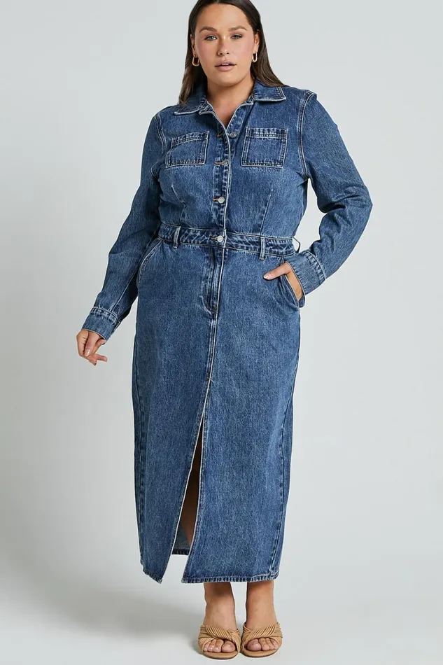 Alison Midi Dress 8211 Long Sleeve Front Split Denim Dress In Mid Blue Wash Women Showpo Denim