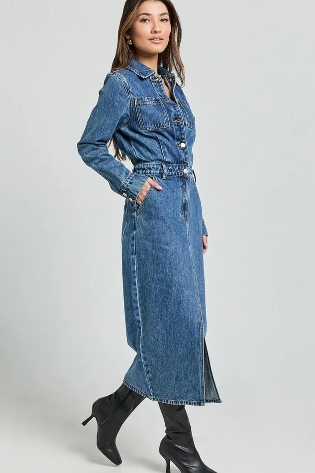 Alison Midi Dress 8211 Long Sleeve Front Split Denim Dress In Mid Blue Wash Women Showpo Denim