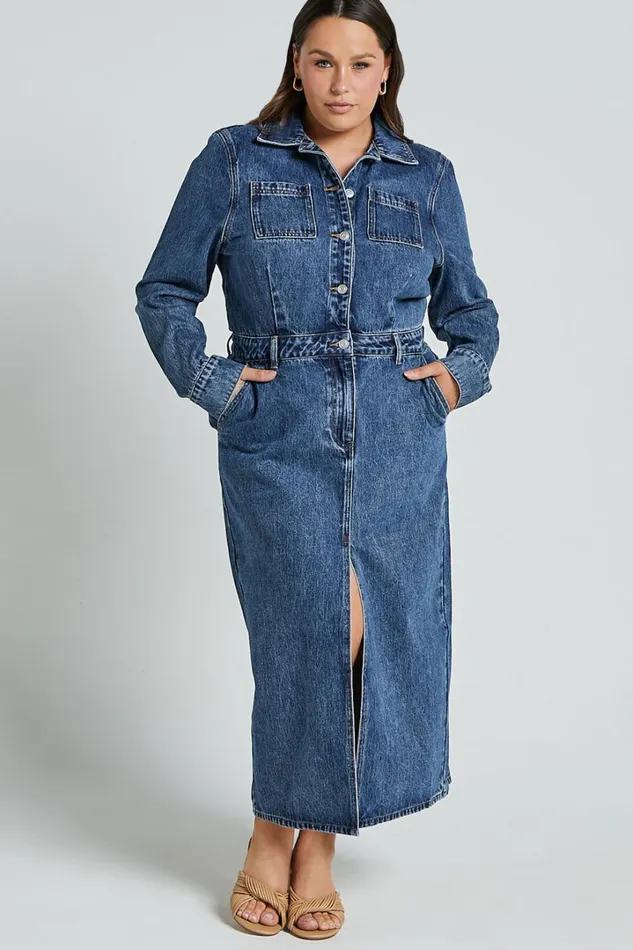Alison Midi Dress 8211 Long Sleeve Front Split Denim Dress In Mid Blue Wash Women Showpo Denim