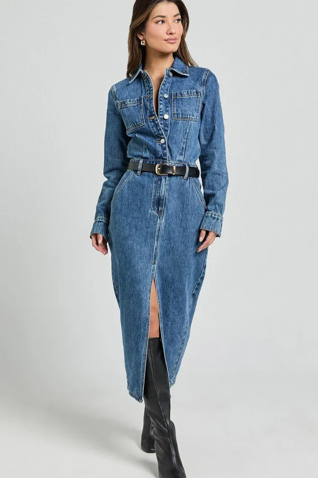 Alison Midi Dress 8211 Long Sleeve Front Split Denim Dress In Mid Blue Wash Women Showpo Denim