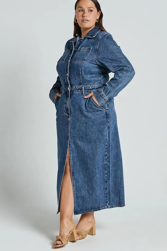 Alison Midi Dress 8211 Long Sleeve Front Split Denim Dress In Mid Blue Wash Women Showpo Denim