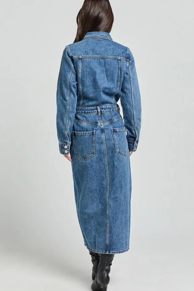 Alison Midi Dress 8211 Long Sleeve Front Split Denim Dress In Mid Blue Wash Women Showpo Denim