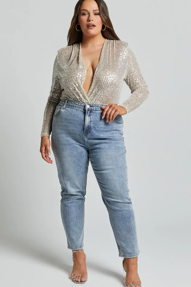 Alora Bodysuit 8211 Sequin Wrap Front Long Sleeve Bodysuit In Silver Women Showpo Curve Clothes