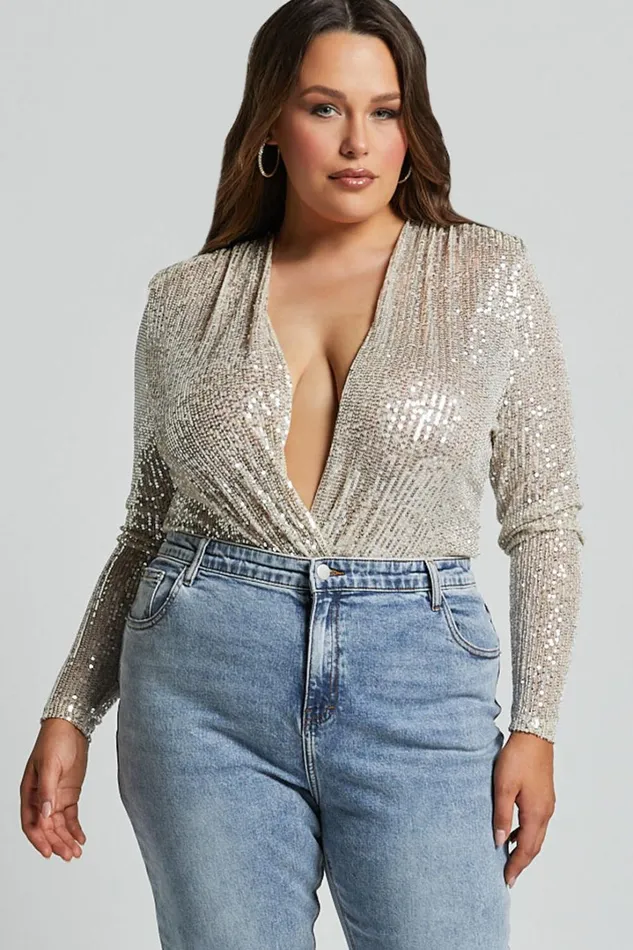 Alora Bodysuit 8211 Sequin Wrap Front Long Sleeve Bodysuit In Silver Women Showpo Curve Clothes