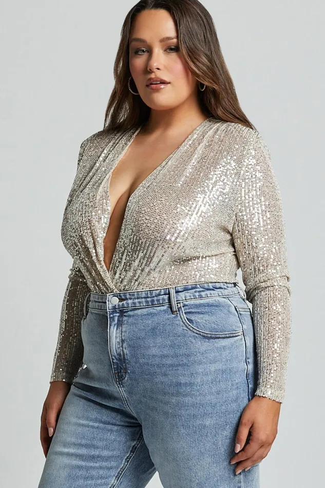 Alora Bodysuit 8211 Sequin Wrap Front Long Sleeve Bodysuit In Silver Women Showpo Curve Clothes