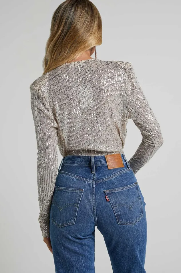 Alora Bodysuit 8211 Sequin Wrap Front Long Sleeve Bodysuit In Silver Women Showpo Curve Clothes