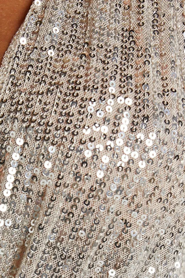 Alora Bodysuit 8211 Sequin Wrap Front Long Sleeve Bodysuit In Silver Women Showpo Curve Clothes