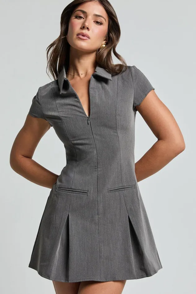 Alvana Mini Dress 8211 Collared Pleated Dress In Grey Women Showpo Dresses