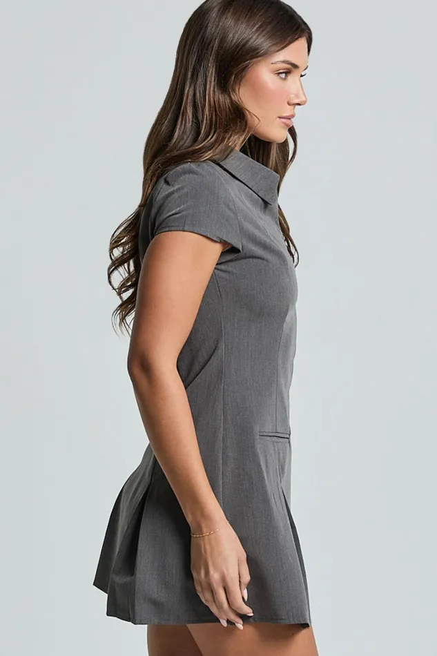 Alvana Mini Dress 8211 Collared Pleated Dress In Grey Women Showpo Dresses