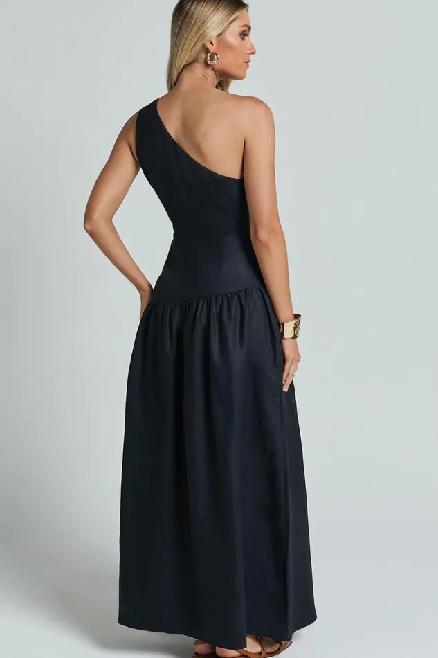 Amalie The Label 8211 Alorah Linen Blend One Shoulder Dress In Black Women Showpo Conscious