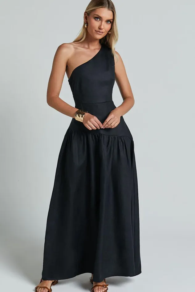Amalie The Label 8211 Alorah Linen Blend One Shoulder Dress In Black Women Showpo Conscious