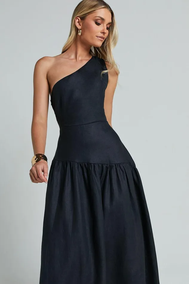 Amalie The Label 8211 Alorah Linen Blend One Shoulder Dress In Black Women Showpo Conscious