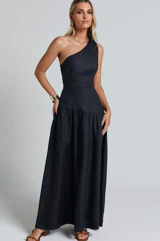 Amalie The Label 8211 Alorah Linen Blend One Shoulder Dress In Black Women Showpo Conscious
