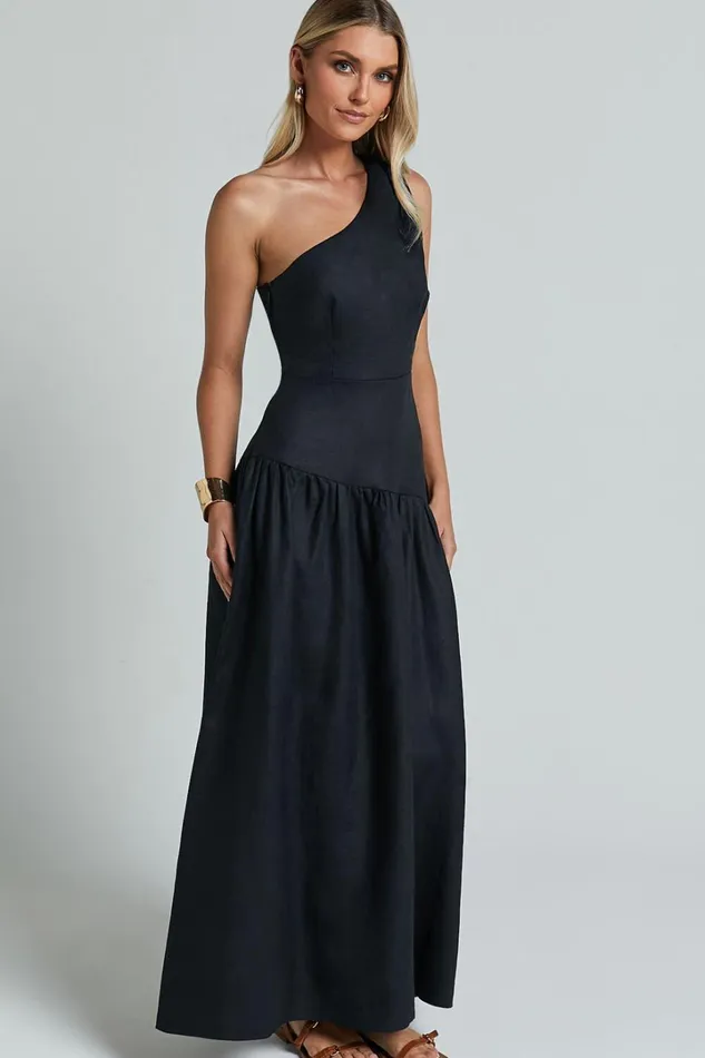 Amalie The Label 8211 Alorah Linen Blend One Shoulder Dress In Black Women Showpo Conscious
