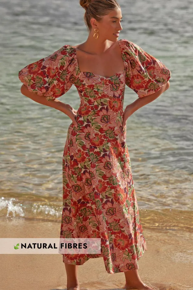 Amalie The Label 8211 Catalina Linen Blend Sweetheart Balloon Sleeve Midi Dress In Musee Print Women Showpo Conscious