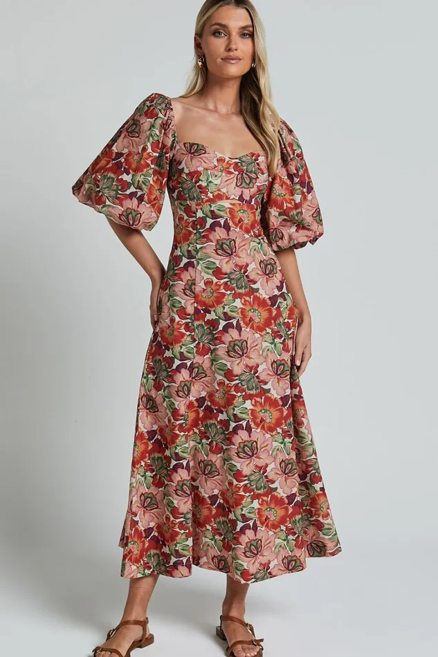 Amalie The Label 8211 Catalina Linen Blend Sweetheart Balloon Sleeve Midi Dress In Musee Print Women Showpo Conscious