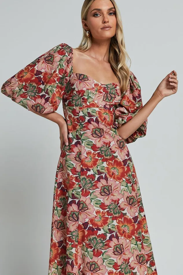 Amalie The Label 8211 Catalina Linen Blend Sweetheart Balloon Sleeve Midi Dress In Musee Print Women Showpo Conscious
