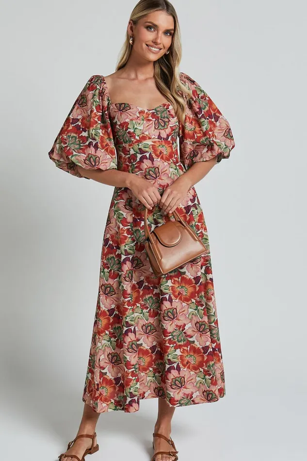 Amalie The Label 8211 Catalina Linen Blend Sweetheart Balloon Sleeve Midi Dress In Musee Print Women Showpo Conscious