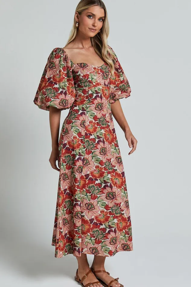 Amalie The Label 8211 Catalina Linen Blend Sweetheart Balloon Sleeve Midi Dress In Musee Print Women Showpo Conscious