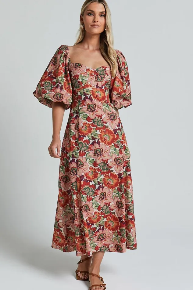 Amalie The Label 8211 Catalina Linen Blend Sweetheart Balloon Sleeve Midi Dress In Musee Print Women Showpo Conscious