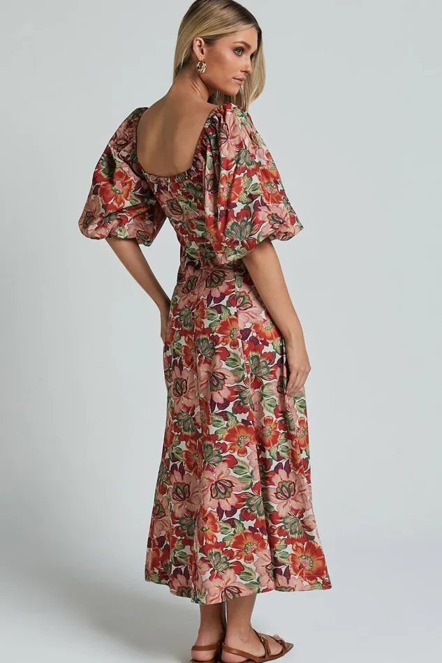Amalie The Label 8211 Catalina Linen Blend Sweetheart Balloon Sleeve Midi Dress In Musee Print Women Showpo Conscious