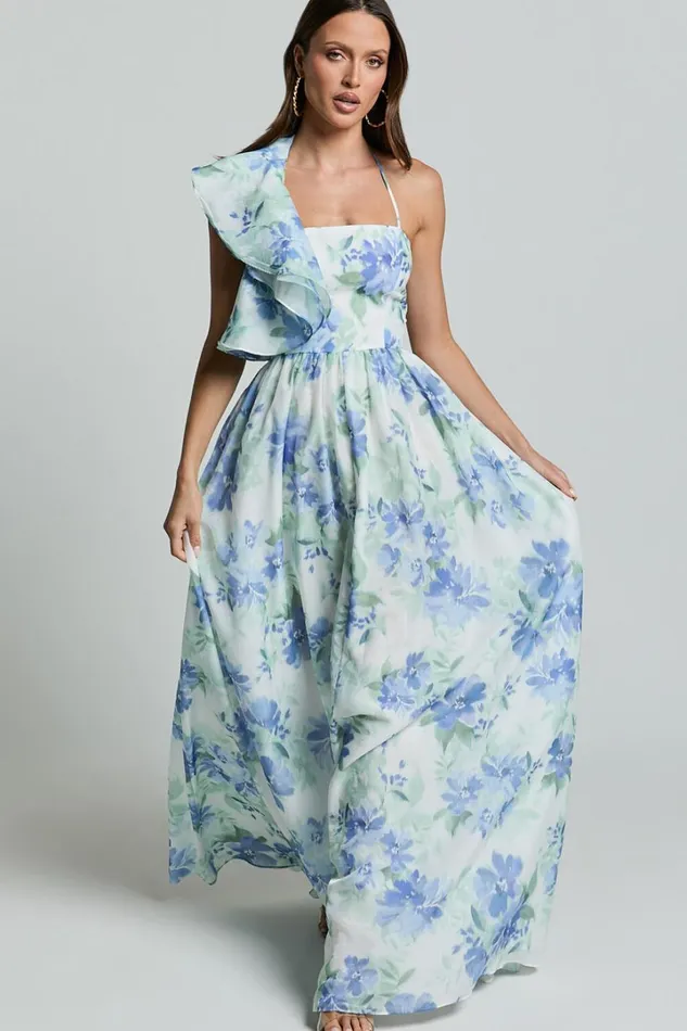 Amalie The Label 8211 Fleur Halter Ruffle Detail A Line Maxi Dress In Elysian Print Women Showpo Dresses