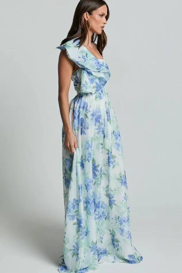 Amalie The Label 8211 Fleur Halter Ruffle Detail A Line Maxi Dress In Elysian Print Women Showpo Dresses
