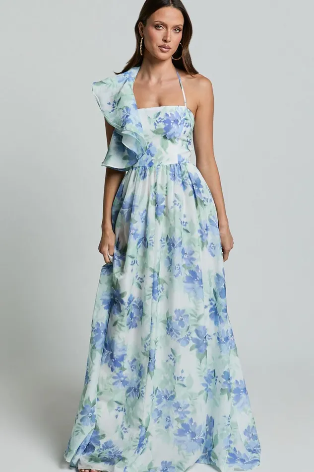 Amalie The Label 8211 Fleur Halter Ruffle Detail A Line Maxi Dress In Elysian Print Women Showpo Dresses