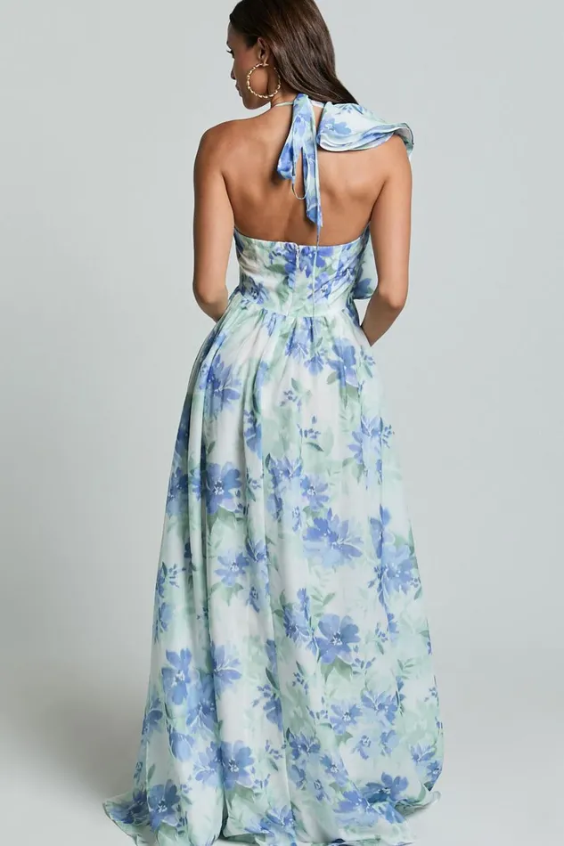 Amalie The Label 8211 Fleur Halter Ruffle Detail A Line Maxi Dress In Elysian Print Women Showpo Dresses