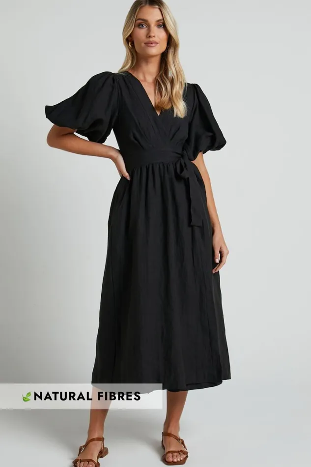 Amalie The Label 8211 Franc Linen Puff Sleeve Wrap Midi Dress In Black Women Showpo Dresses Amalie The Label 8211 Franc Linen Puff Sleeve Wrap Midi Dress In Black Women Showpo Dresses