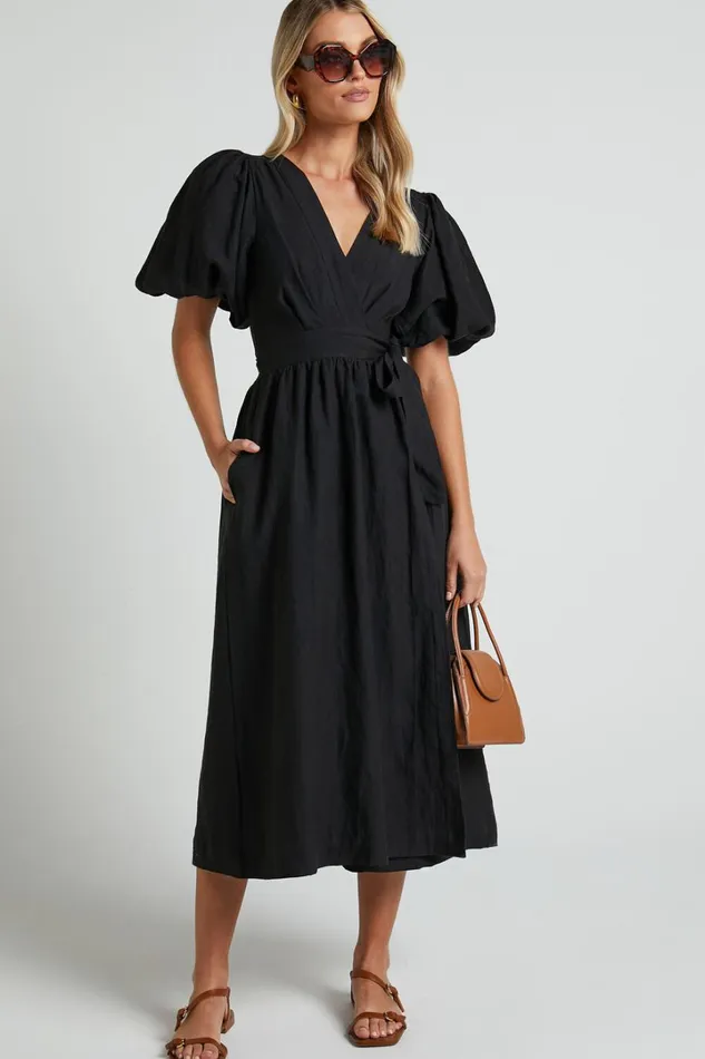 Amalie The Label 8211 Franc Linen Puff Sleeve Wrap Midi Dress In Black Women Showpo Dresses