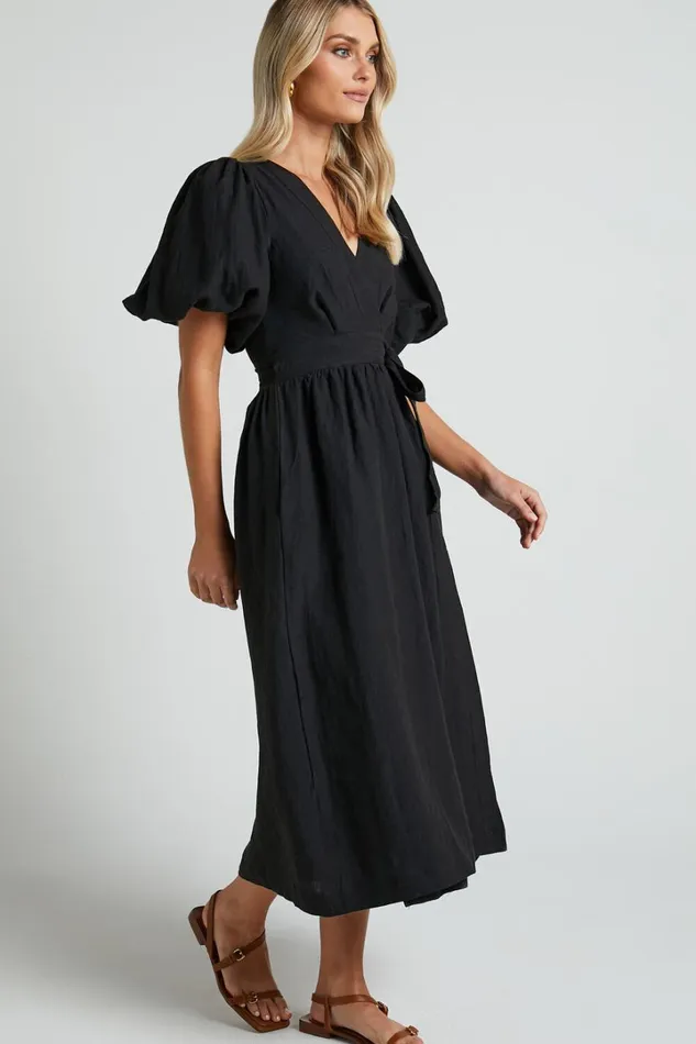 Amalie The Label 8211 Franc Linen Puff Sleeve Wrap Midi Dress In Black Women Showpo Dresses