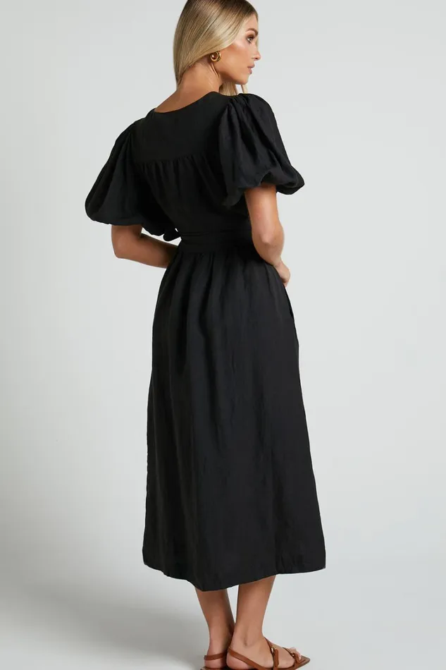Amalie The Label 8211 Franc Linen Puff Sleeve Wrap Midi Dress In Black Women Showpo Dresses