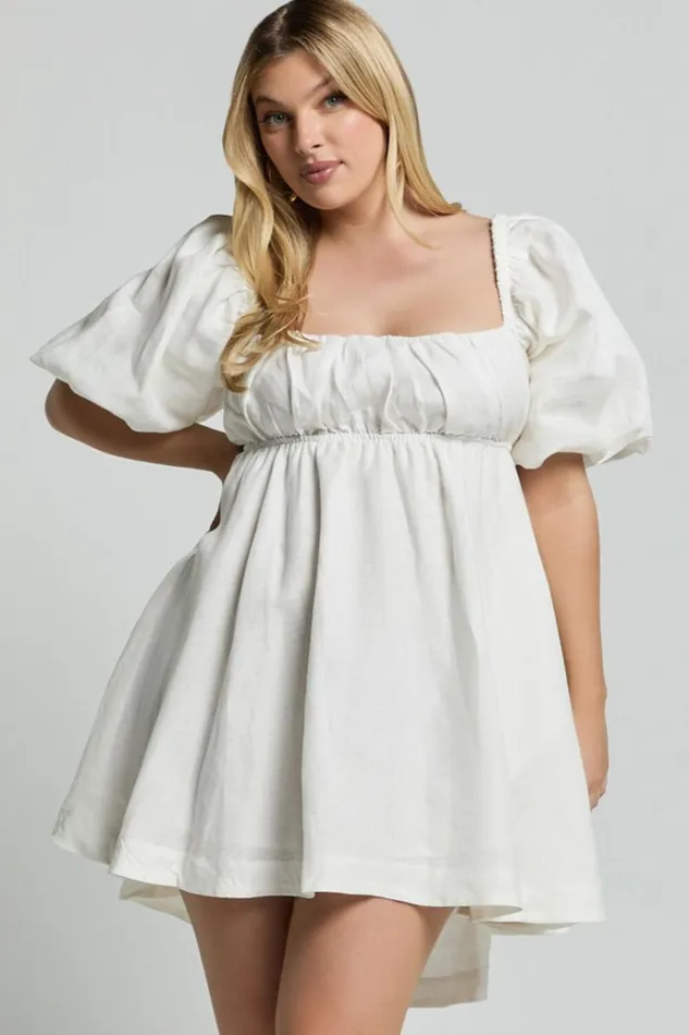 Amalie The Label 8211 Hamyya Linen Tie Back Puff Sleeve Mini Dress In White Women Showpo Curve Clothes