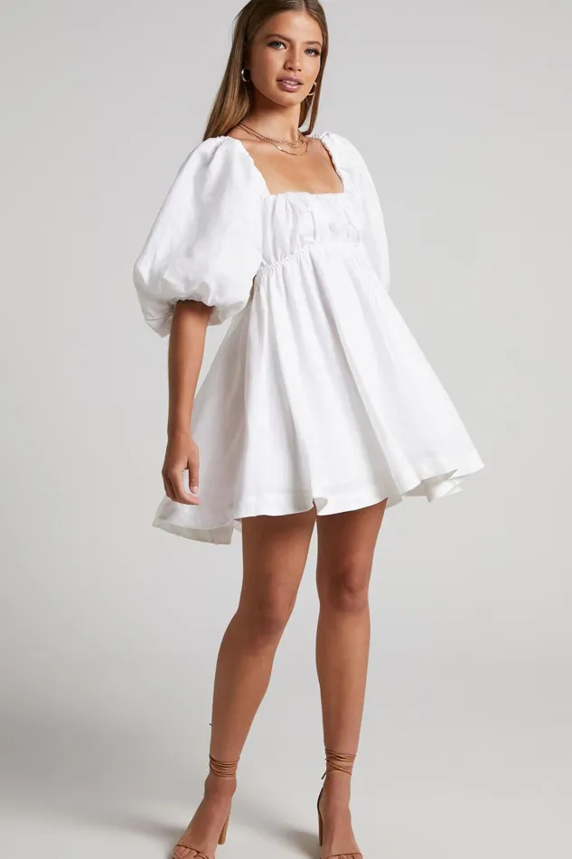 Amalie The Label 8211 Hamyya Linen Tie Back Puff Sleeve Mini Dress In White Women Showpo Curve Clothes