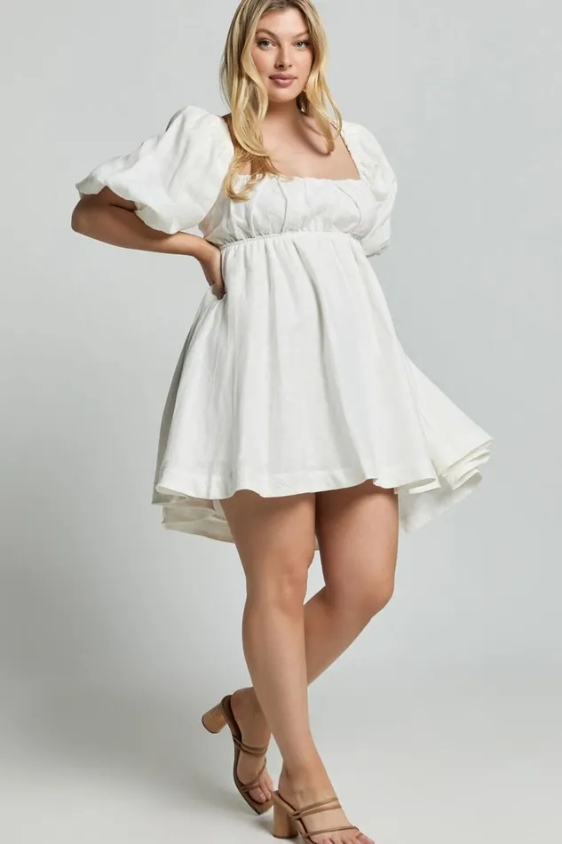 Amalie The Label 8211 Hamyya Linen Tie Back Puff Sleeve Mini Dress In White Women Showpo Curve Clothes