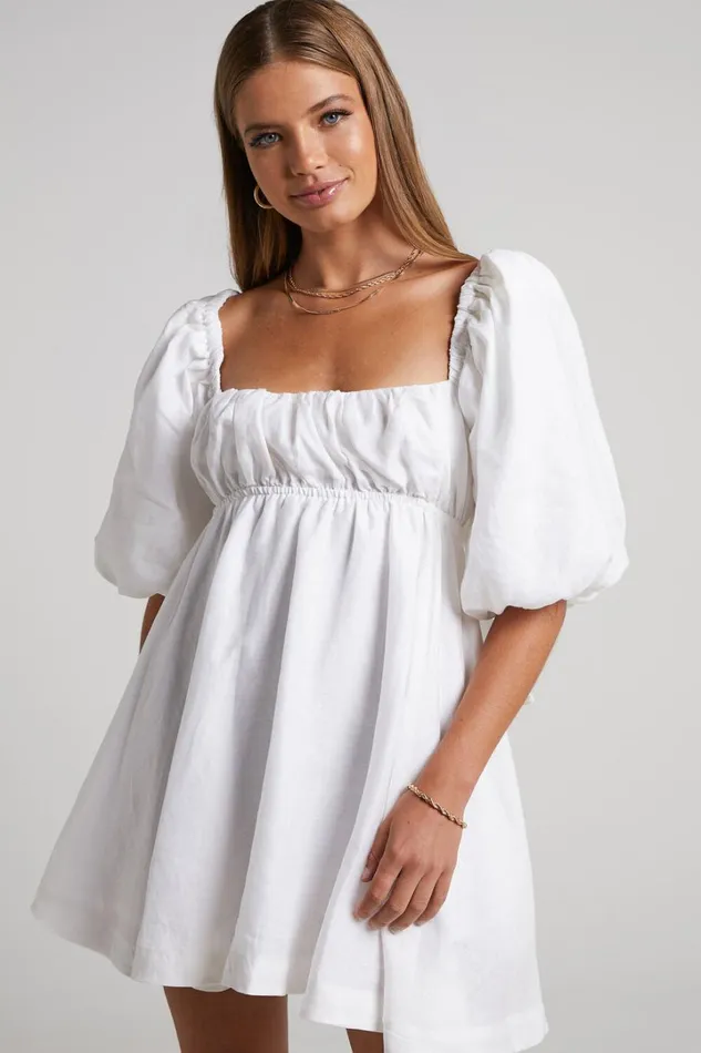 Amalie The Label 8211 Hamyya Linen Tie Back Puff Sleeve Mini Dress In White Women Showpo Curve Clothes