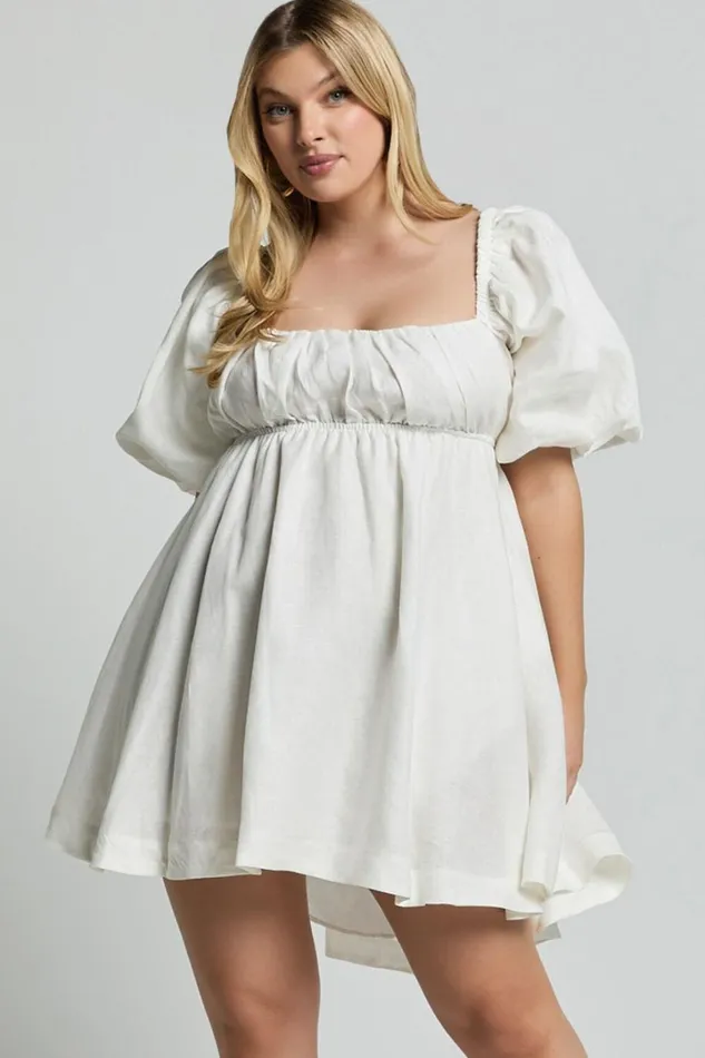 Amalie The Label 8211 Hamyya Linen Tie Back Puff Sleeve Mini Dress In White Women Showpo Curve Clothes