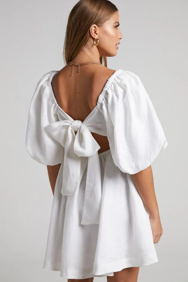Amalie The Label 8211 Hamyya Linen Tie Back Puff Sleeve Mini Dress In White Women Showpo Curve Clothes