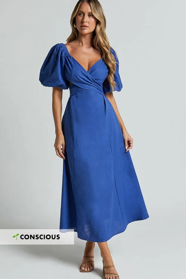 Amalie The Label 8211 Janae Linen Blend Puff Sleeve Cut Out Midi Dress In Blue Women Showpo Conscious